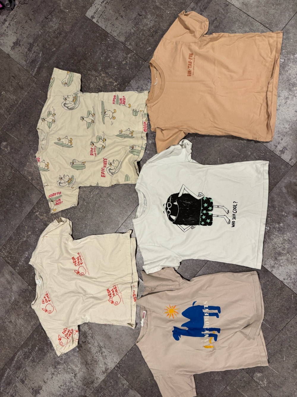 Zara Kids Mixed Graphic Tee Bundle - White, Beige, Tan, Cream, Light Green